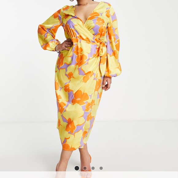 ASOS Curve Vibrant Yellow and Orange Long Sleeve Dress - Picture 2 of 4